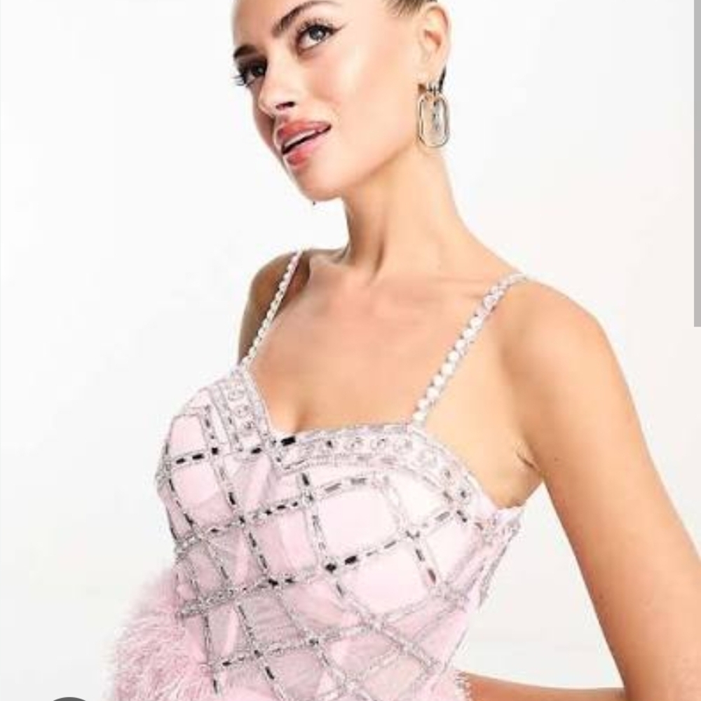 Starlet exclusive embellished faux feather midi dress in pink - Picture 2 of 4